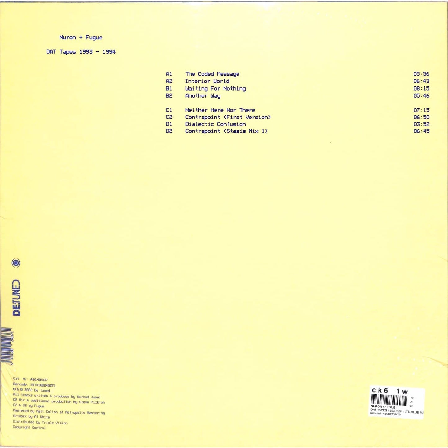Back of Second Hand NURON + FUGUE vinyl record featuring artwork and details for the 1993-1994 DAT Tapes collection.
