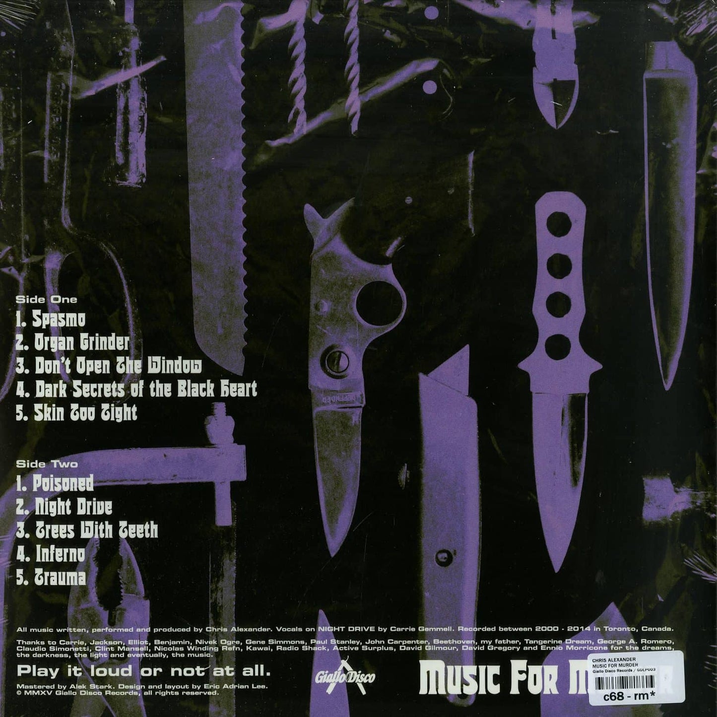Second Hand vinyl record of Chris Alexander's "Music for Murder" showing the back cover artwork.