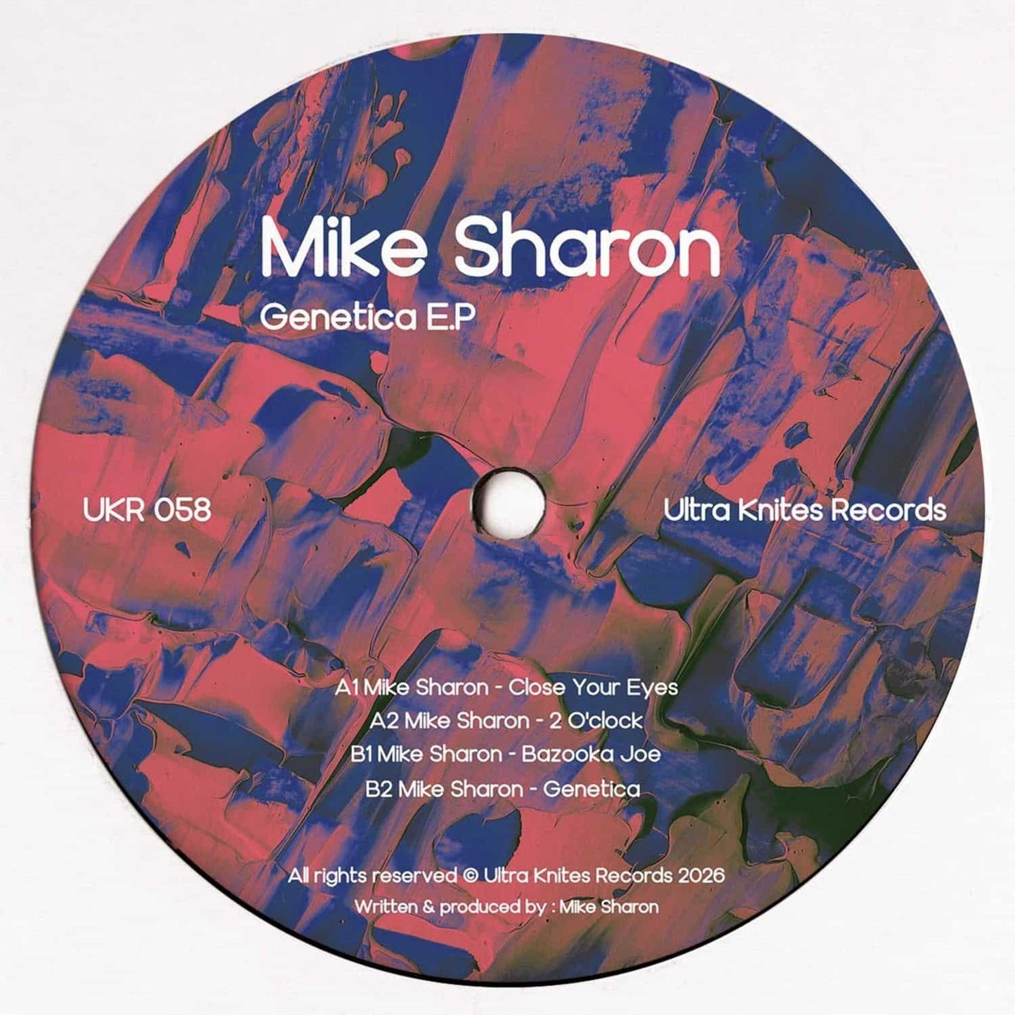 Decks Mike Sharon Genetica EP vinyl record with black and white album cover featuring abstract artwork.