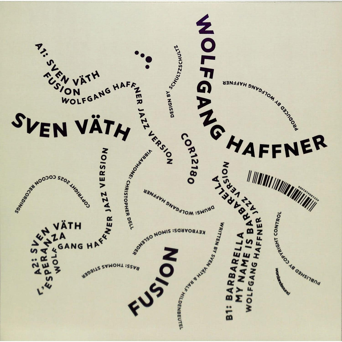 Back cover of the "Fusion" vinyl record by Sven Väth and Wolfgang Haffner, released by Word and Sound, showing artwork and track details.