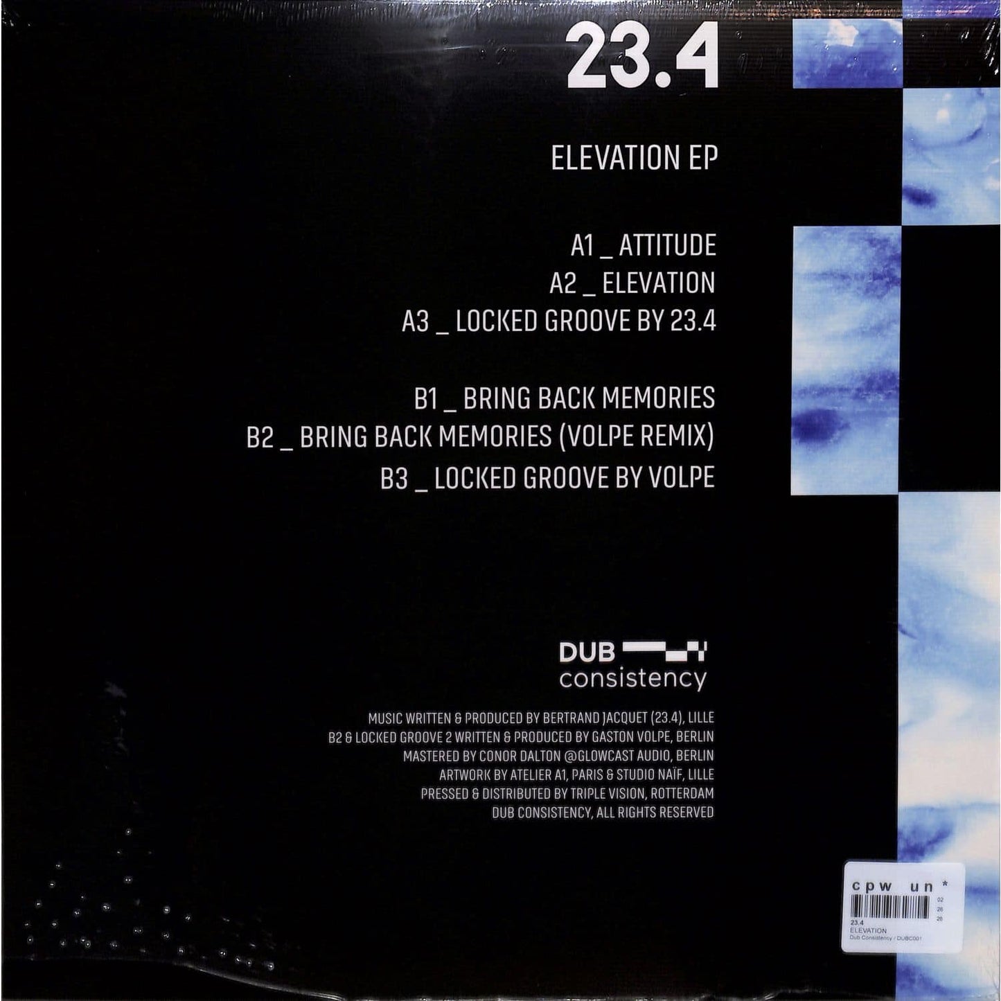 Back of Triple Vision's 23.4, VOLPE – ELEVATION vinyl record with black and white label design.