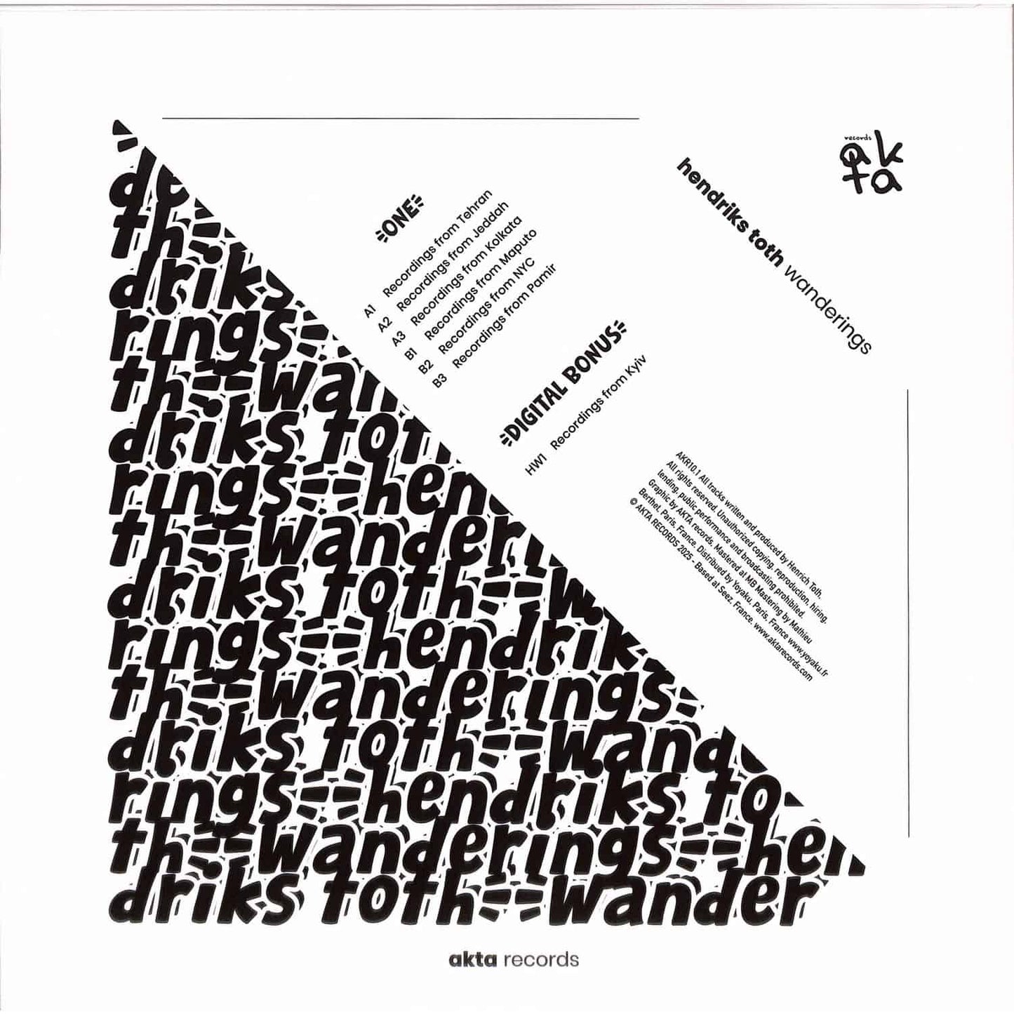 Yoyaku Hendriks Toth Wanderings vinyl record back cover with abstract artwork and track details in a sleek design.
