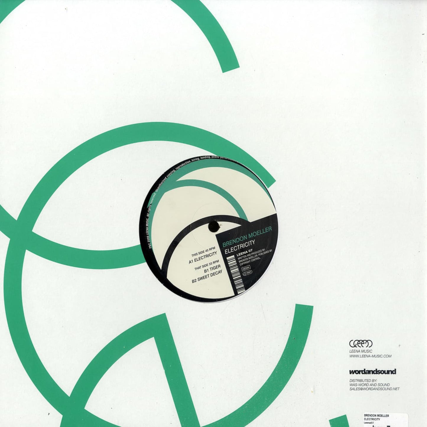 Second Hand vinyl record of Brendon Moeller's "Electricity" showing the back cover with album artwork and text.