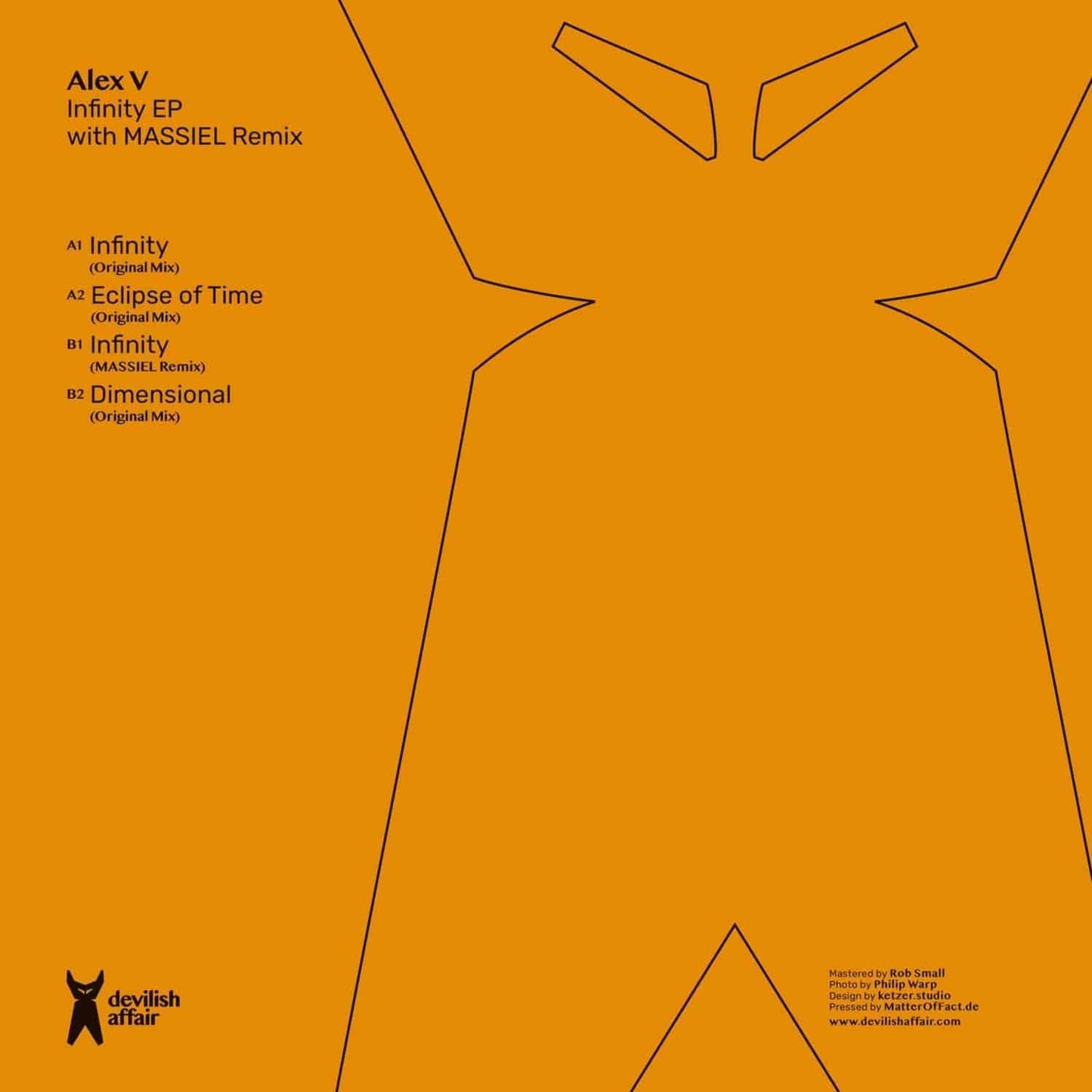 Decks Infinity EP vinyl record by ALEX V, MASSIEL, showing the back cover with artwork and track details.