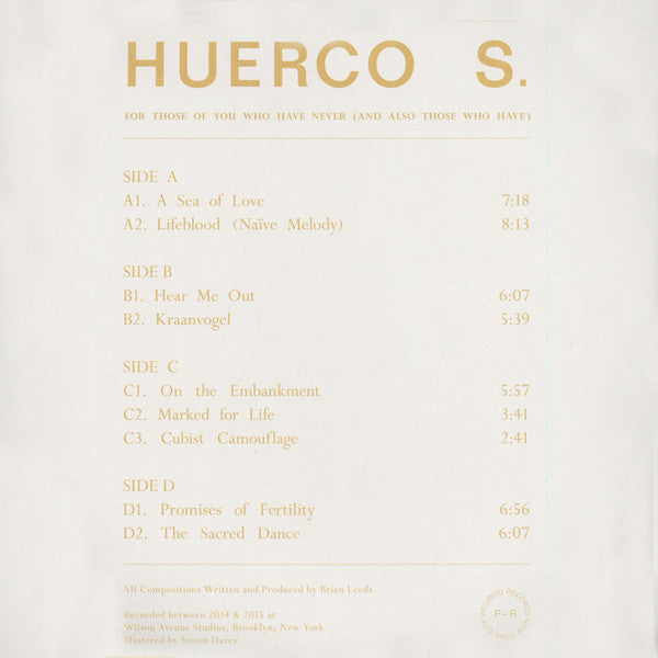 Second Hand vinyl record "HUERCO S. – For Those of You Who Have Never," showing the back cover with artwork and text.