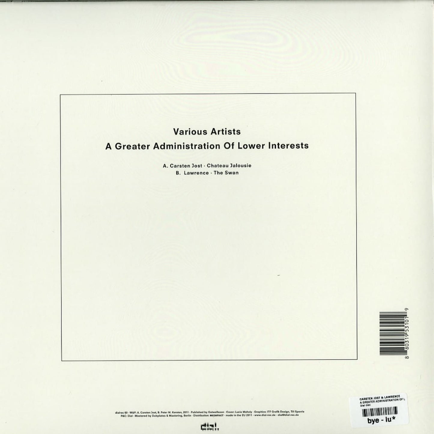 Second Hand vinyl record of CARSTEN JOST / LAWRENCE titled "A Greater Administration of Lower Interests" showing the back cover artwork.