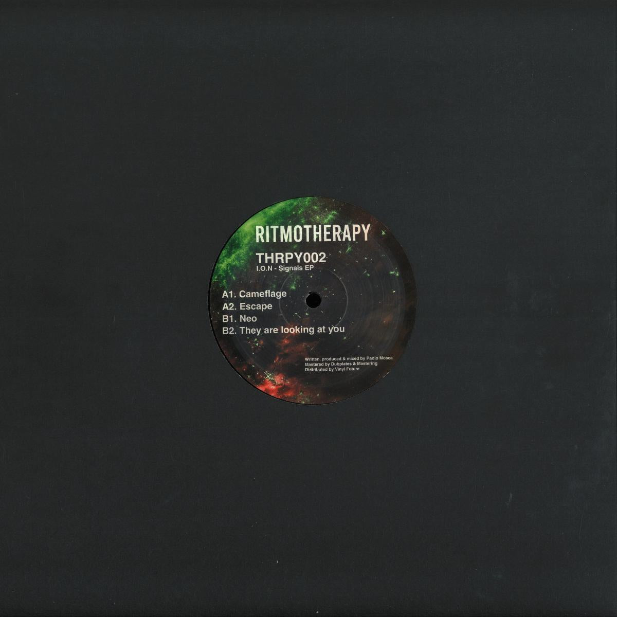 Vinyl Future I.O.N SIGNALS EP vinyl record with black and colorful abstract design on the back cover.