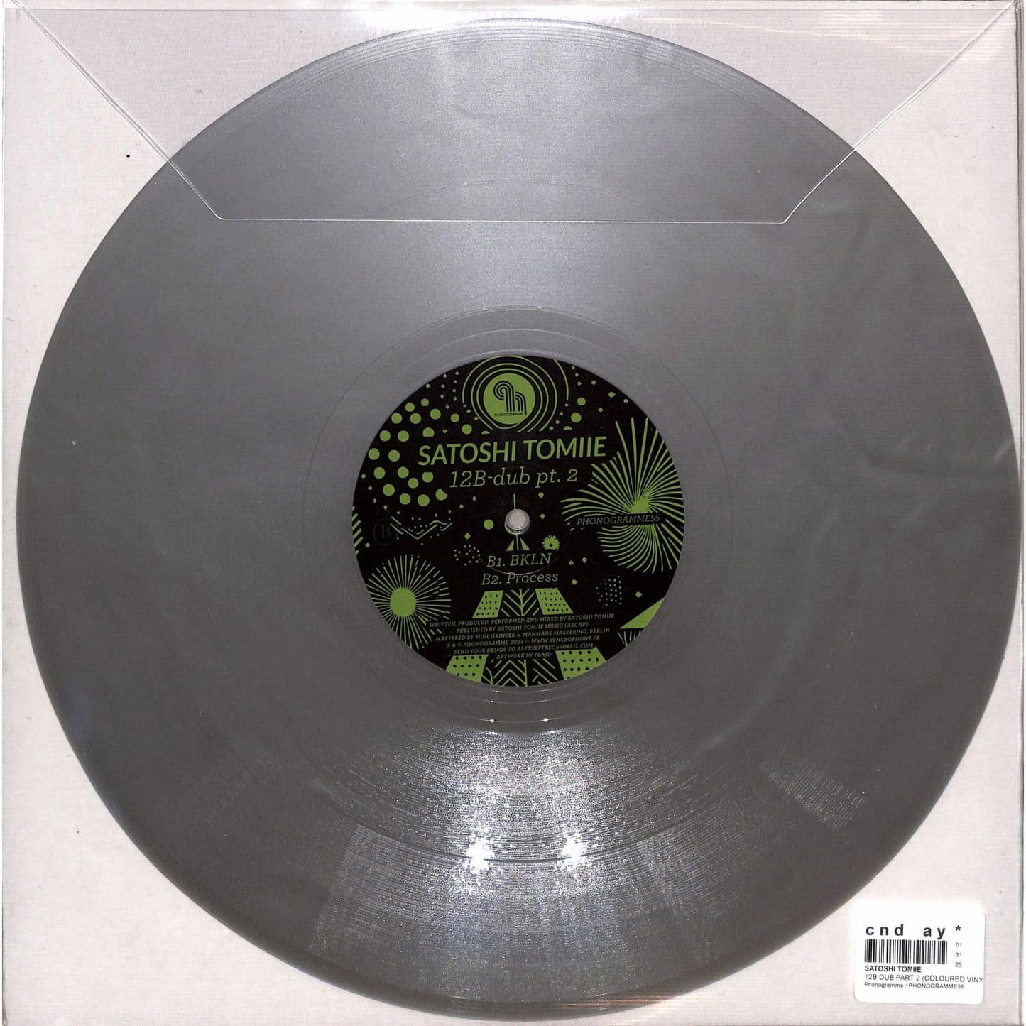 Back of the Satoshi Tomiie 12B-Dub PT.2 vinyl record by Syncrophone, featuring the label and record grooves.
