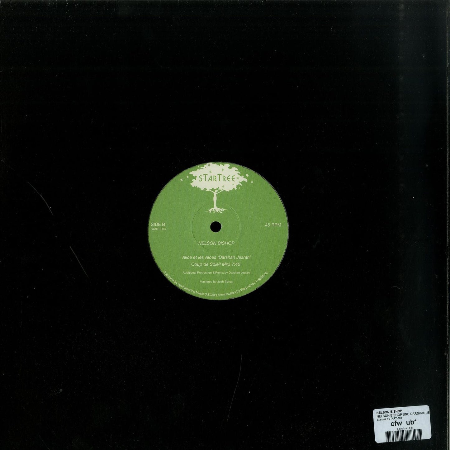 Decks vinyl record of Nelson Bishop and Darshan Jesrani's "Alice et les Aloès" featuring colorful album artwork on the back cover.