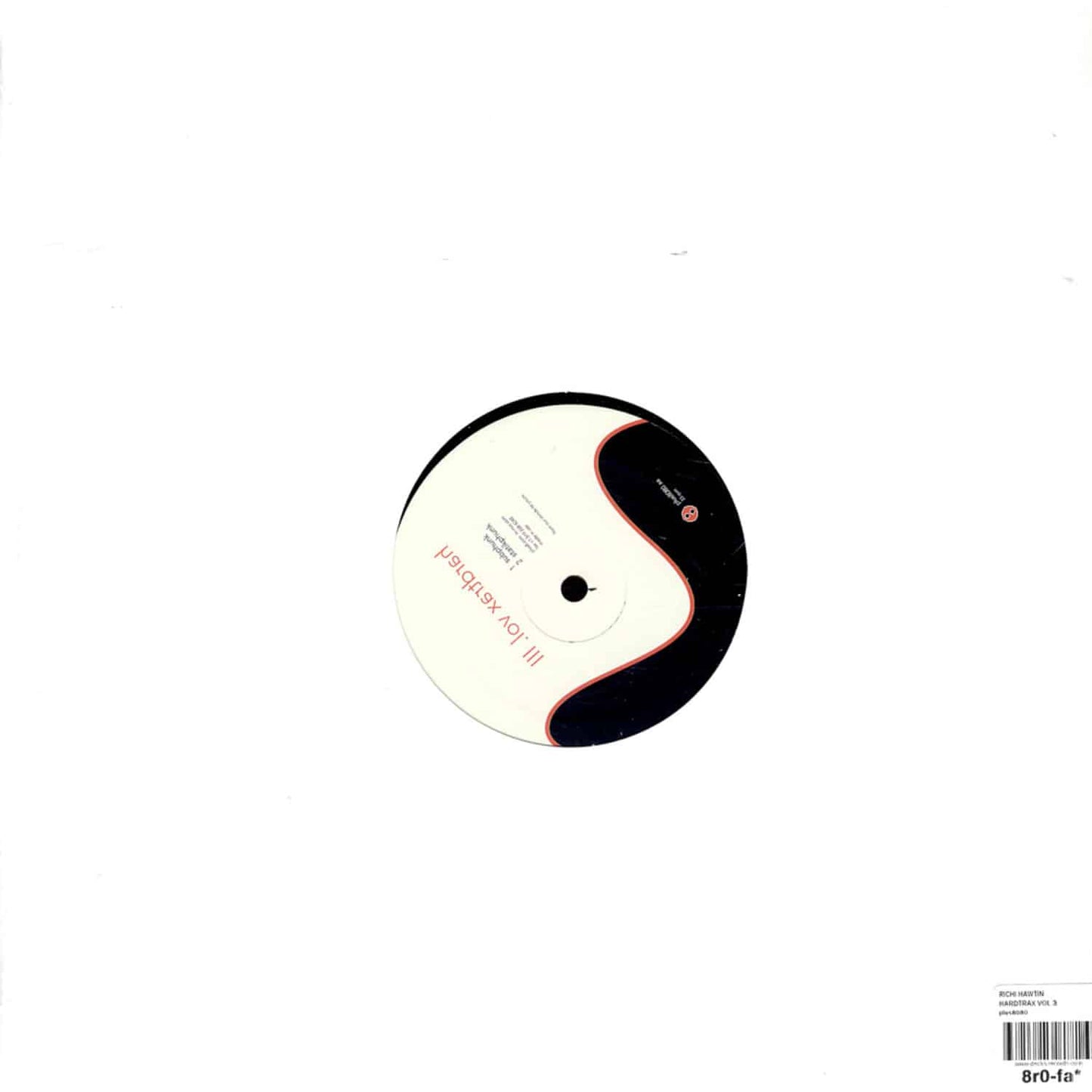Back of Richie Hawtin Hardtrax Vol. III vinyl record, second-hand edition with visible record grooves and album cover details.