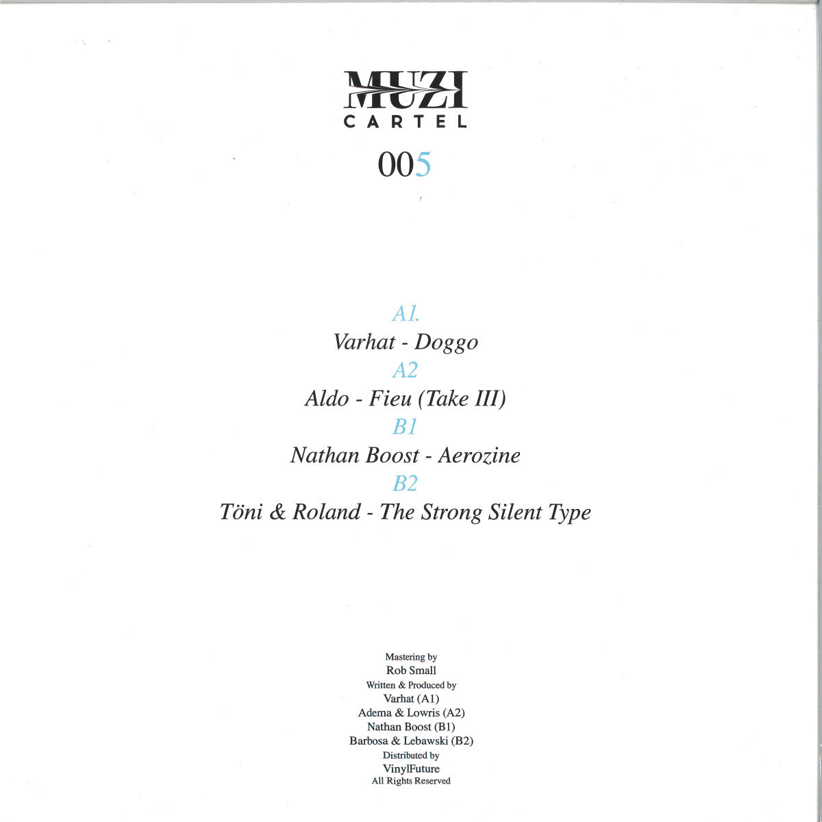 Back of Vinyl Future's Muzi Cartel 005 vinyl record featuring VARHAT, ALDO, NATHAN BOOST, TÖNI & ROLAND artwork and label details.