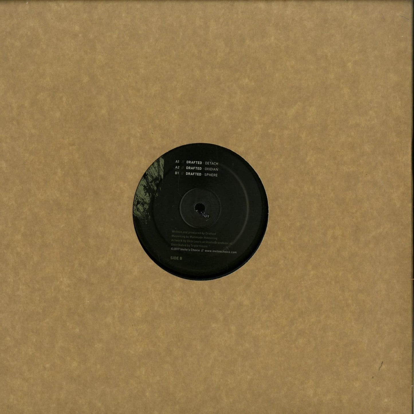 Second Hand Drafted Frame Secrets EP vinyl record with black and white label design, close-up of the back cover.