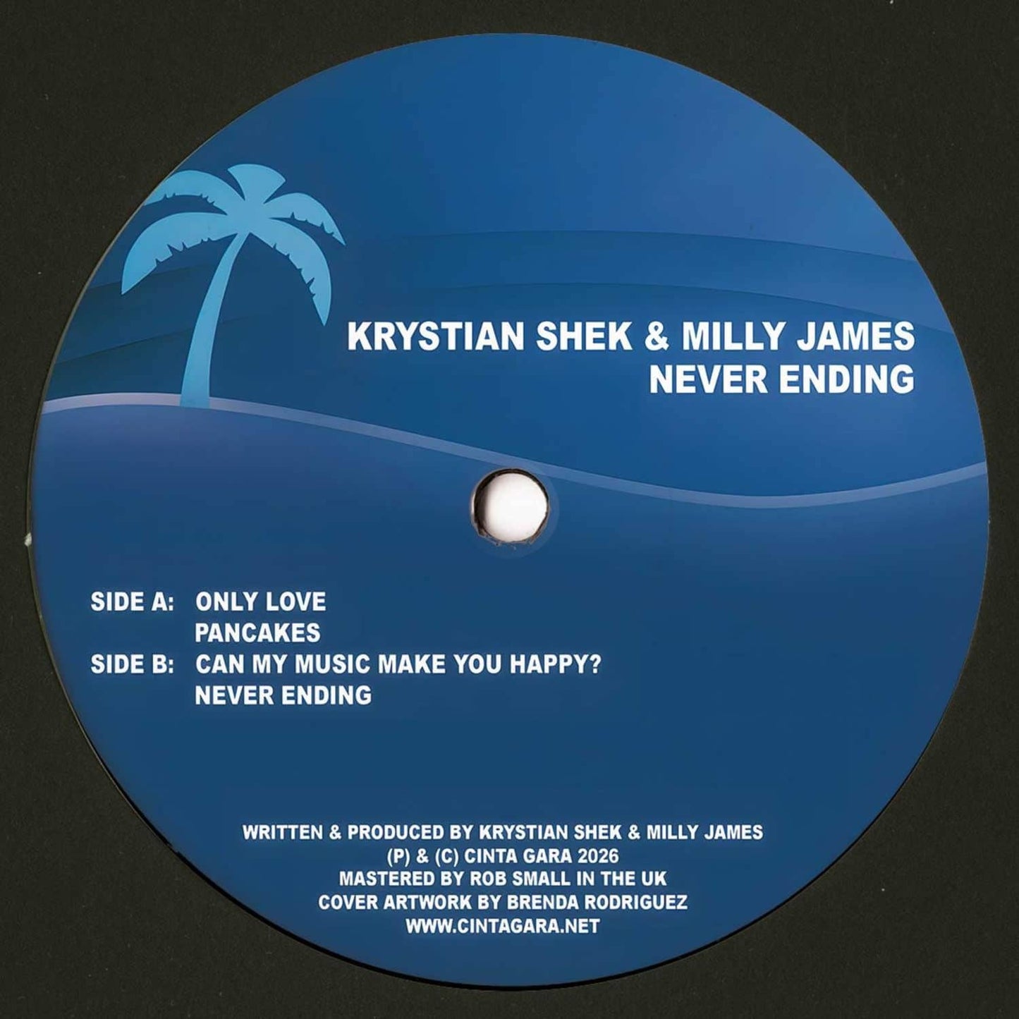 Decks vinyl record by Krystian Shek and Milly James titled Never Ending, showing the back cover with album artwork and track details.