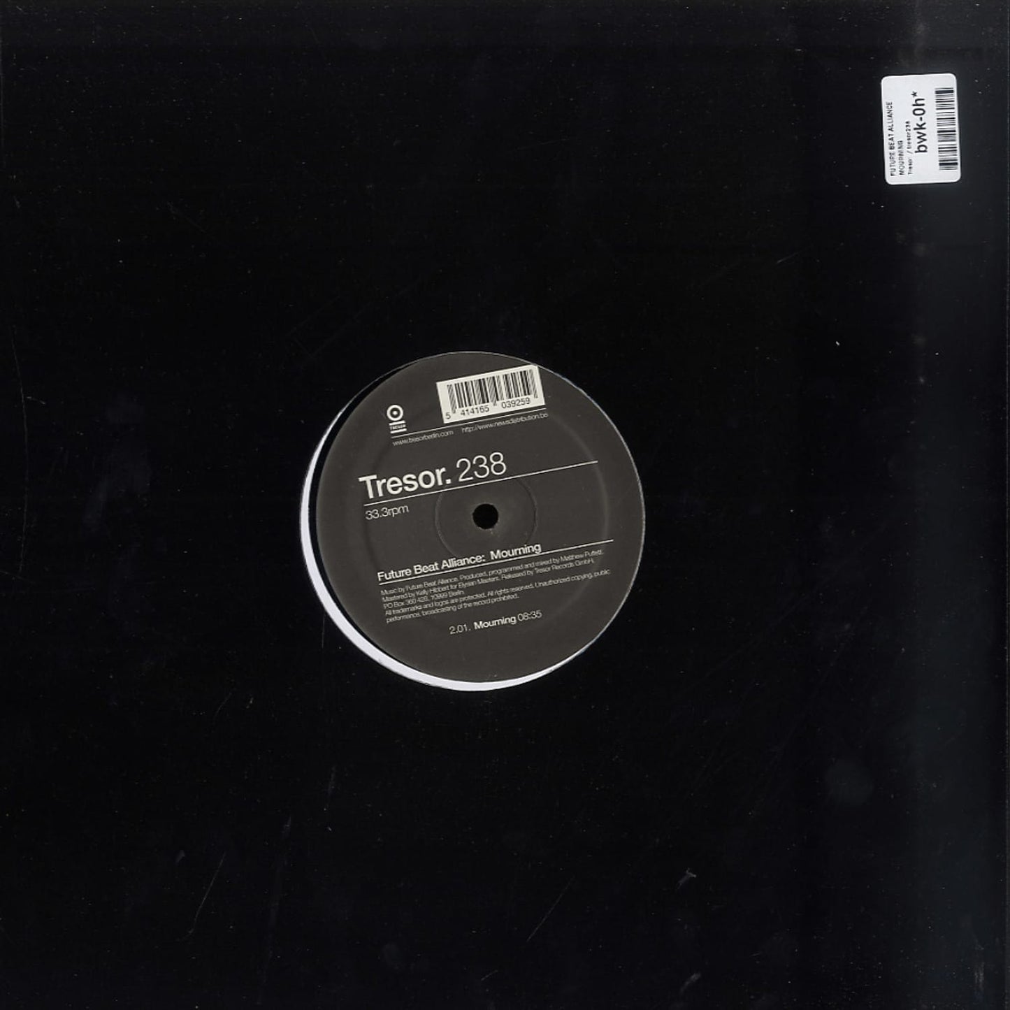 Second Hand FUTURE BEAT ALLIANCE – MOURNING vinyl record with black and white label, side view showing record grooves and cover edge.