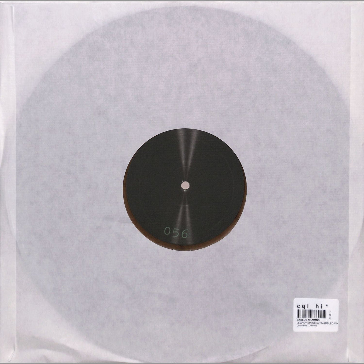 Back of Word and Sound vinyl record by Carlos Nilmmns, Legacy EP, showing the black vinyl with label details.