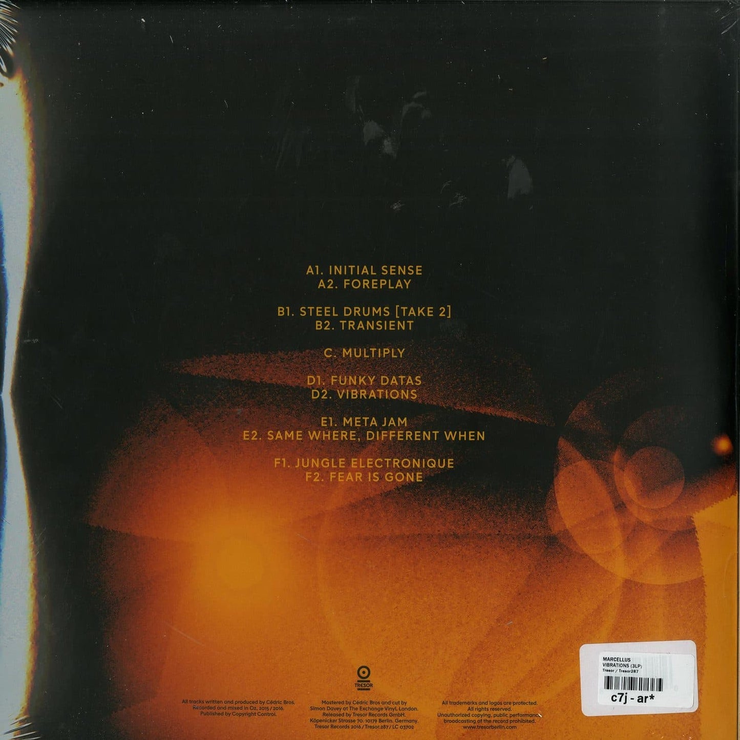 Second Hand MARCELUS – VIBRATIONS vinyl record, showing the back cover with vibrant artwork and album details.