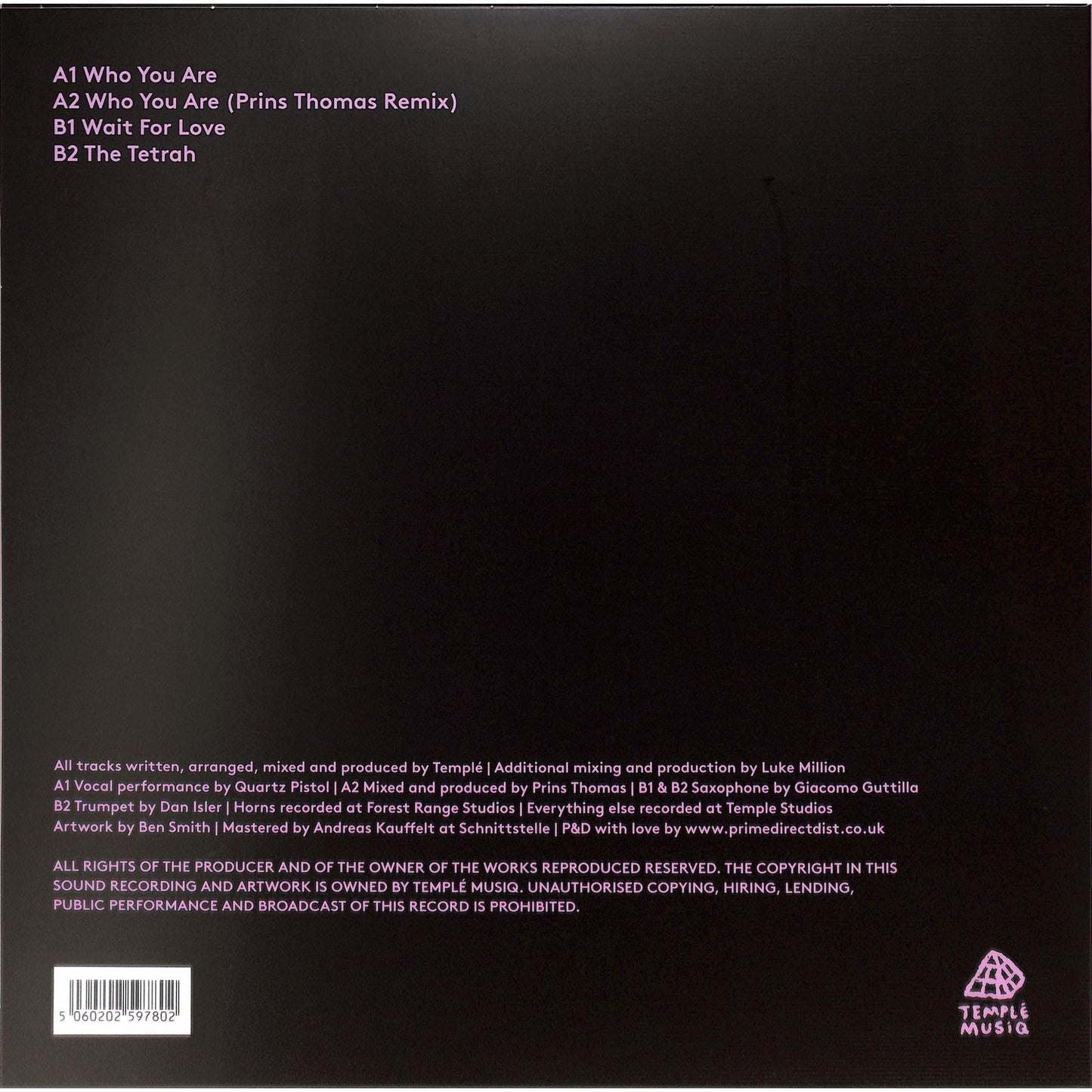 Decks vinyl record of ED TEMPLE, PRINS THOMAS – WHO YOU ARE, showing the back cover with artwork and tracklist.