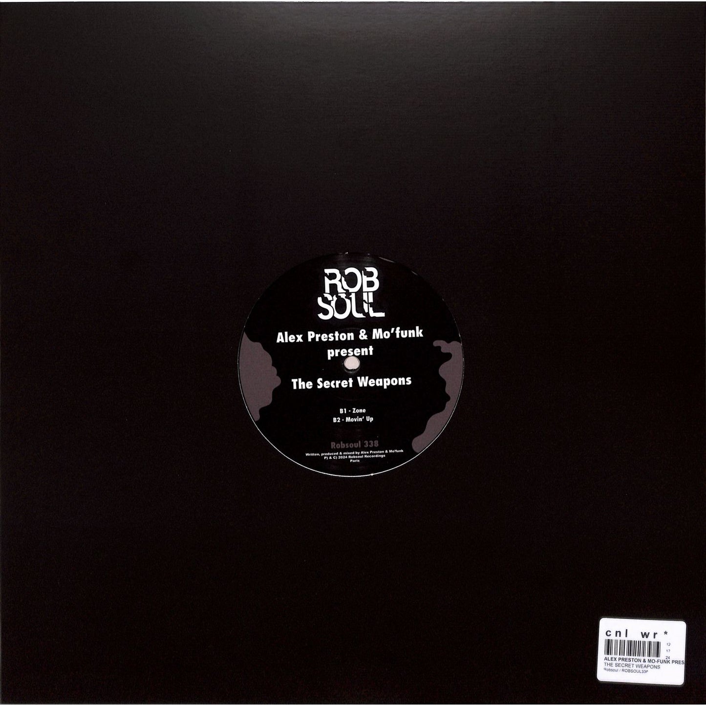 Back of vinyl record by Alex Preston & Mo’Funk, The Secret Weapons on Syncrophone, showing the record's rear cover design