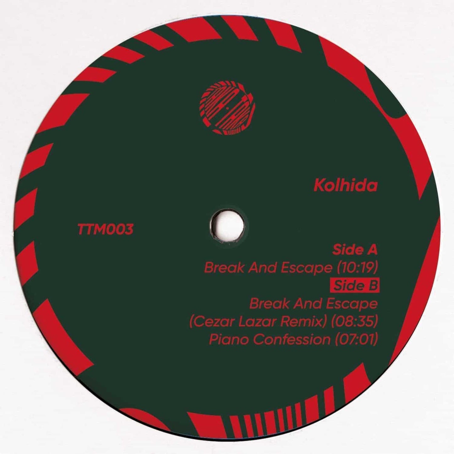 Decks vinyl record of Cezar Lazar's "Break and Escape" EP by KOLHIDA, showing the back cover with artwork and track details.