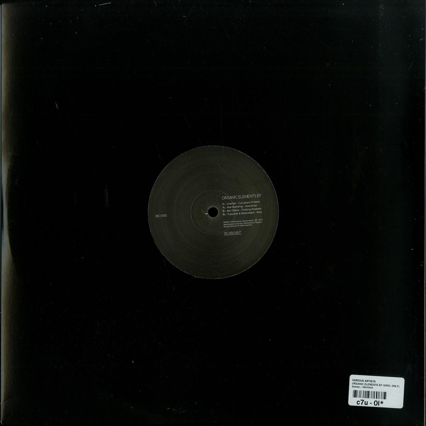 Second hand vinyl record of Artefakt's Alan Backdrop from the Organic Elements EP, featuring a colorful abstract artwork on the cover.