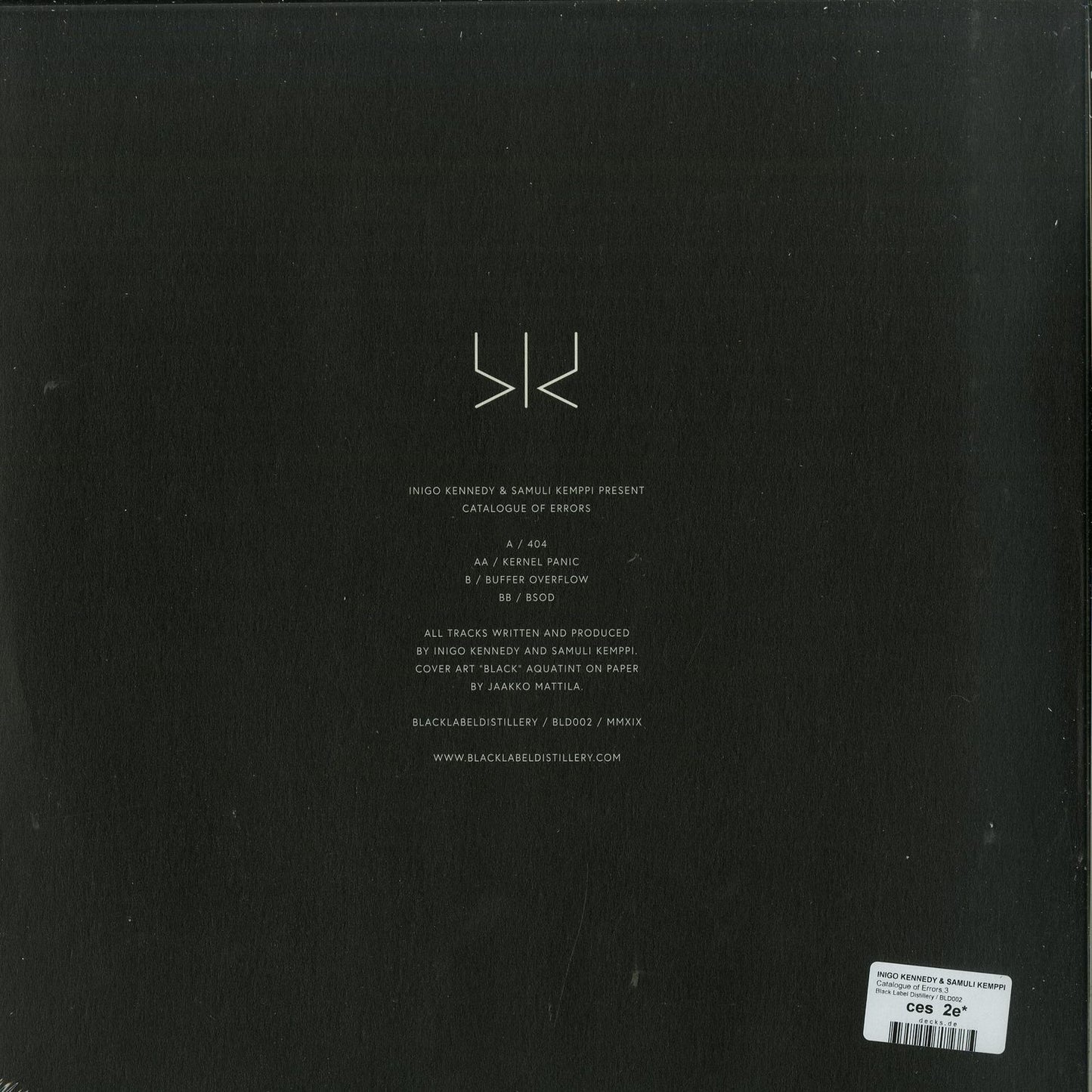 Back cover of Second Hand vinyl record "Catalogue of Errors" by Inigo Kennedy & Samuli Kemppi, featuring abstract artwork and track listing.
