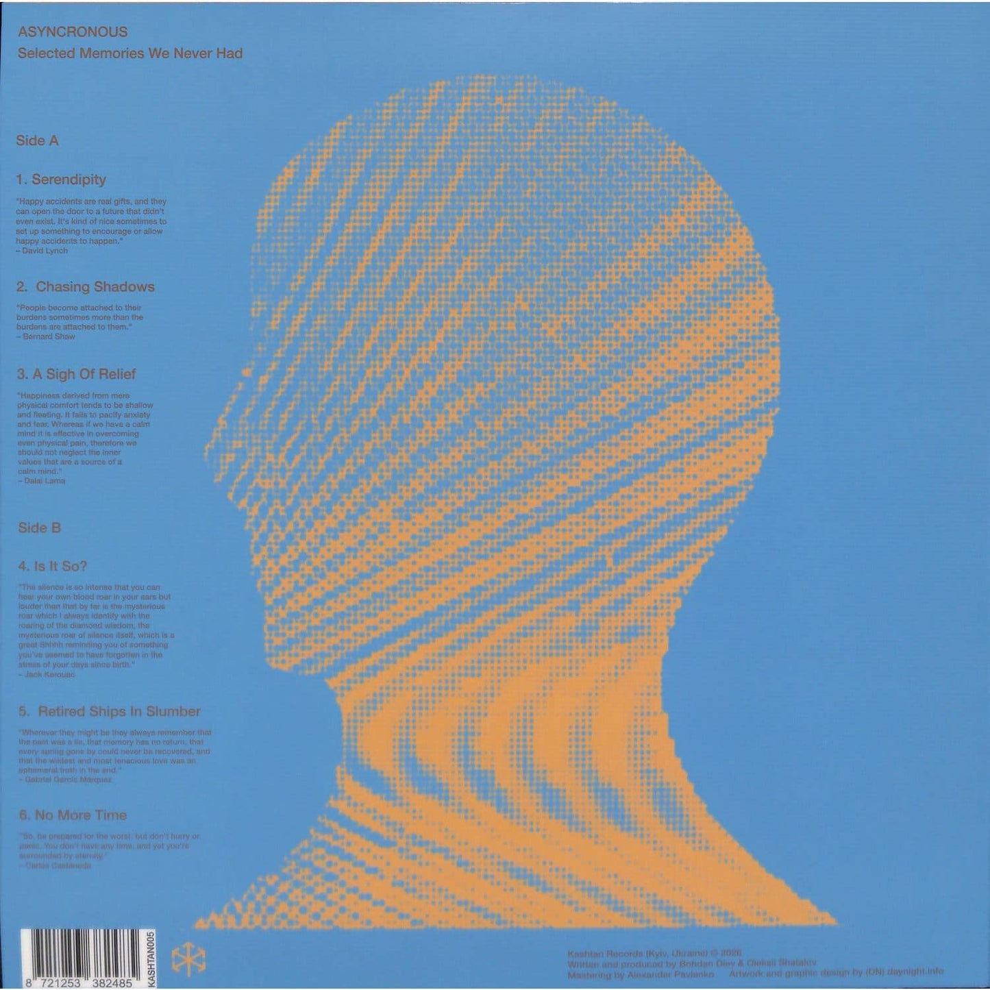 Back cover of Triple Vision's vinyl record "Selected Memories We Never Had" by ASYNCRONOUS, featuring abstract artwork.