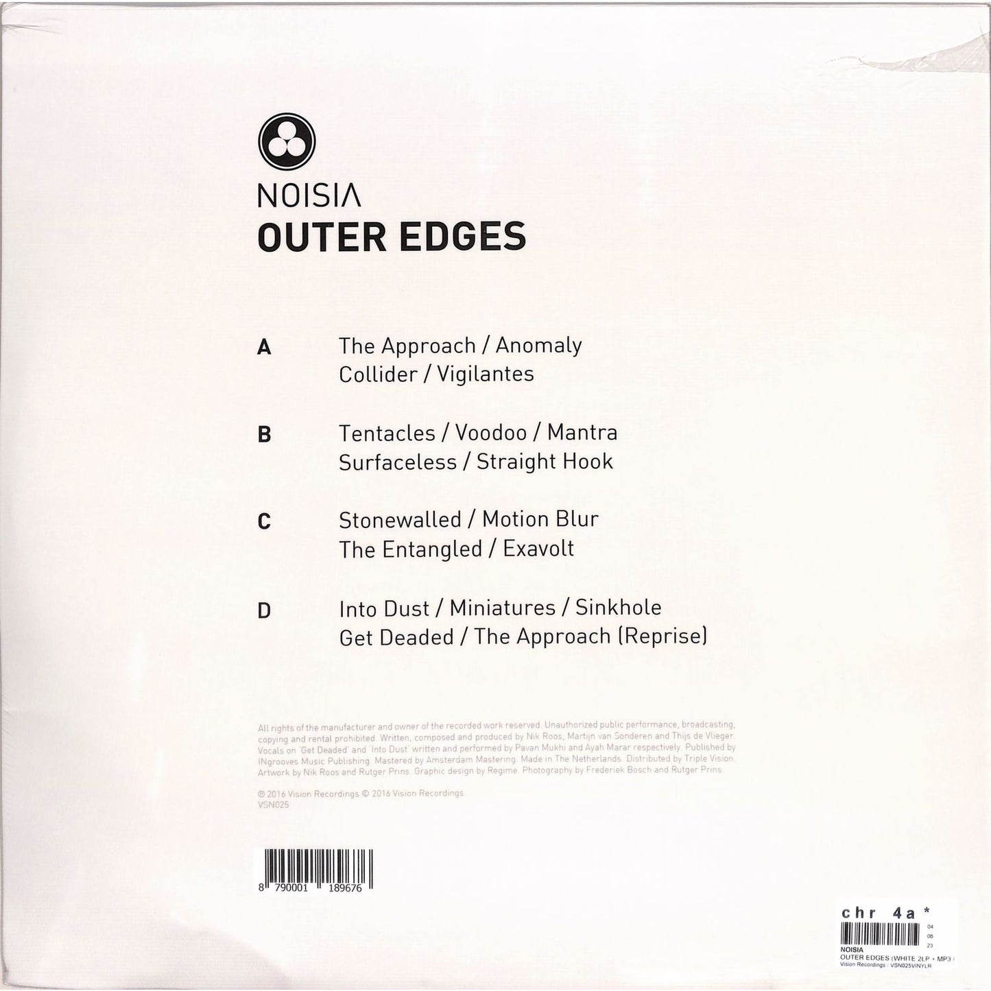 Back of NOISIA – OUTER EDGES vinyl record by Triple Vision showing the record's colorful label design.