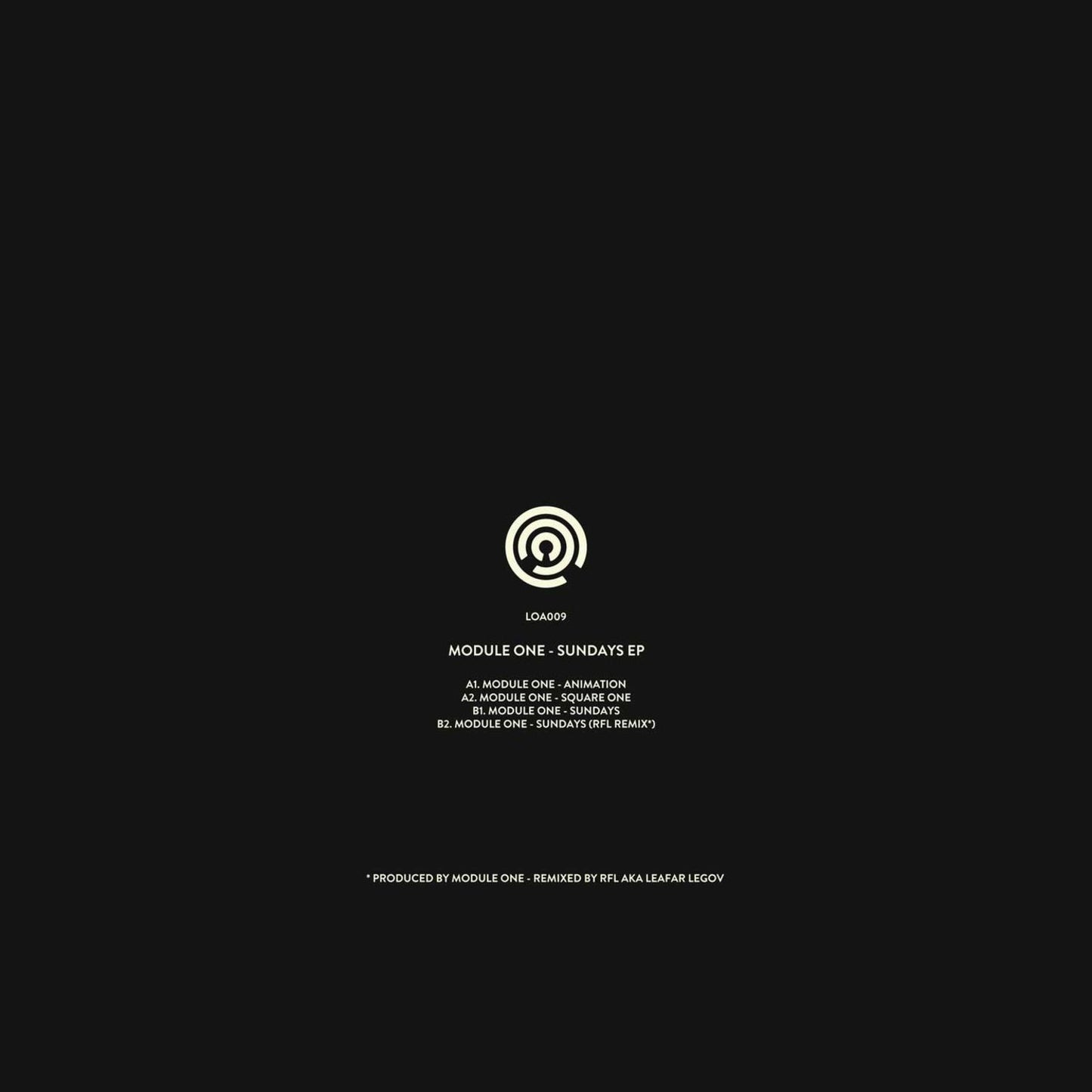 Decks MODULE ONE, RFL – SUNDAYS EP vinyl record with black and white label, resting on a wooden surface.