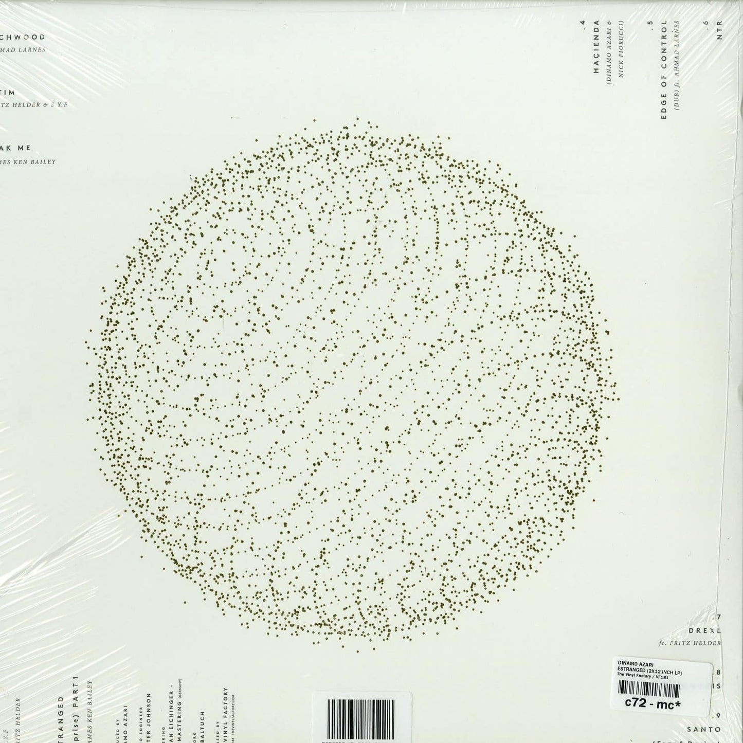 Decks Dinamo Azari Estranged vinyl record back cover with abstract artwork and tracklist details.