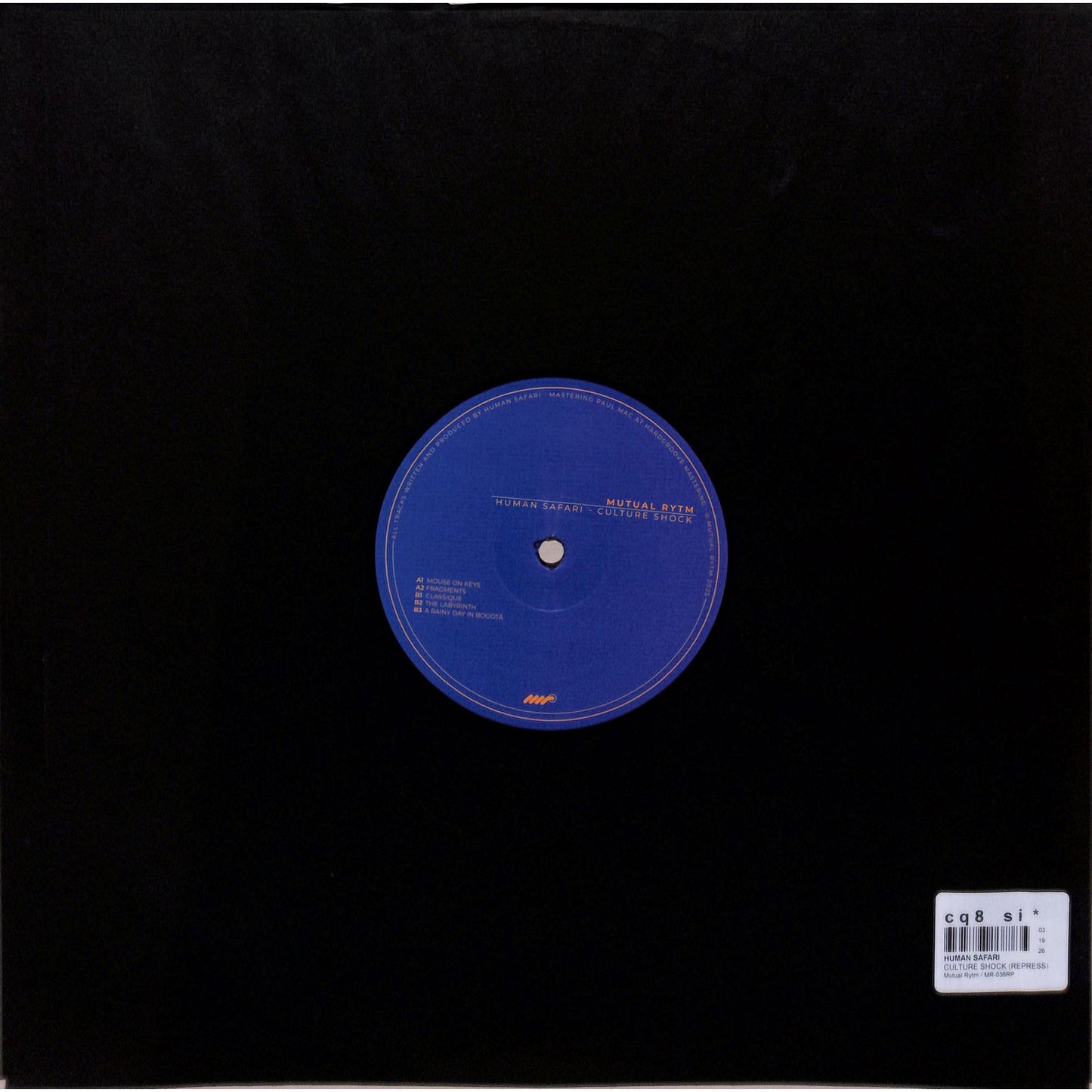 Close-up of the back cover of the Human Safari Culture Shock vinyl record by Triple Vision, featuring artwork and track information.