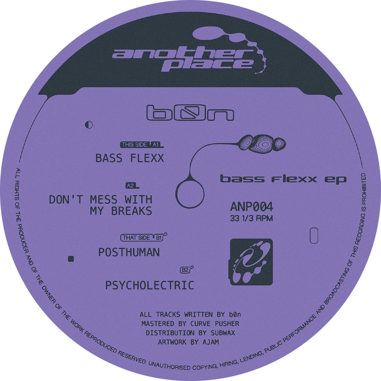 Close-up of the B0N BASS FLEXX EP vinyl record by Subwax Distribution with colorful label design.