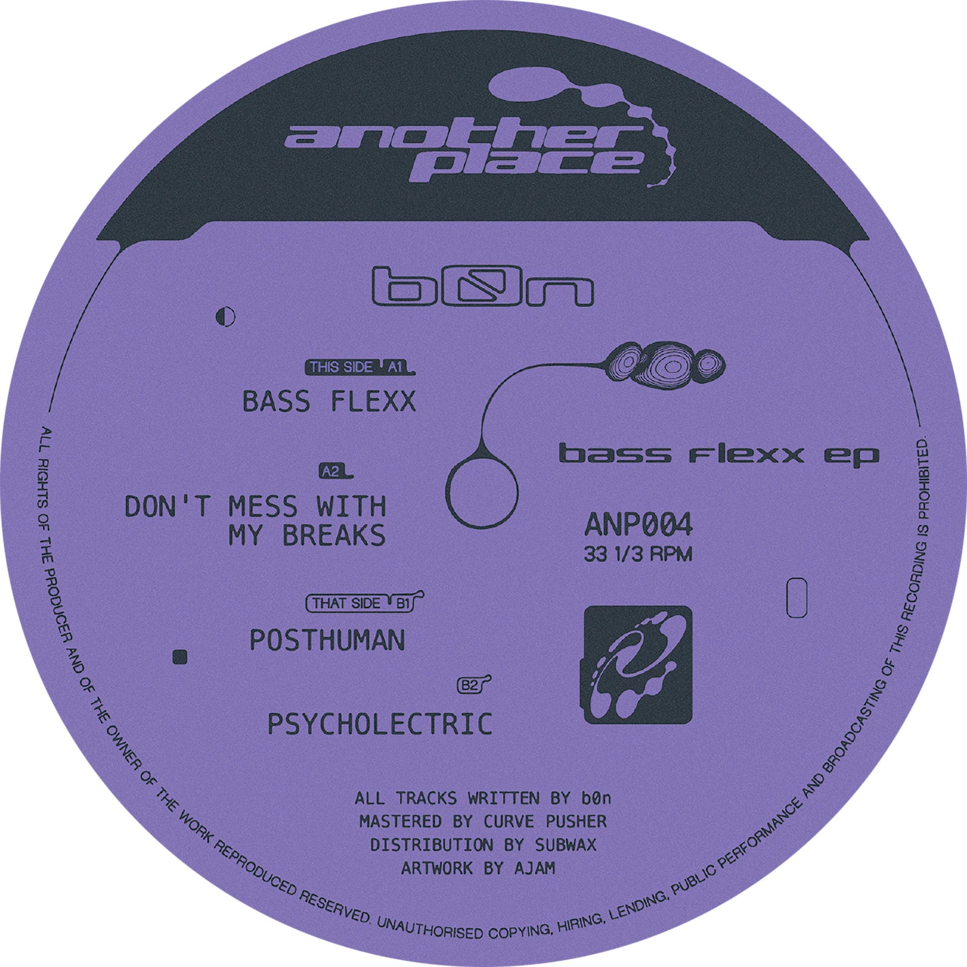 Close-up of the B0N BASS FLEXX EP vinyl record by Subwax Distribution with colorful label design.