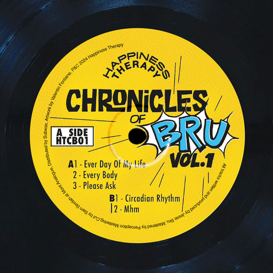 Close-up of Jesse Bru Chronicles of Bru Vol. 1 vinyl record by Subwax Distribution, showing the black vinyl and album cover artwork.