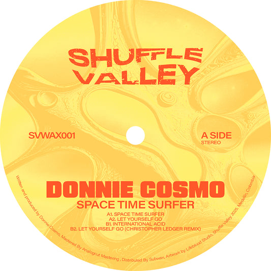 Vinyl record titled DONNIE COSMO – TIME SURFER EP by Subwax Distribution, with colorful abstract cover art.