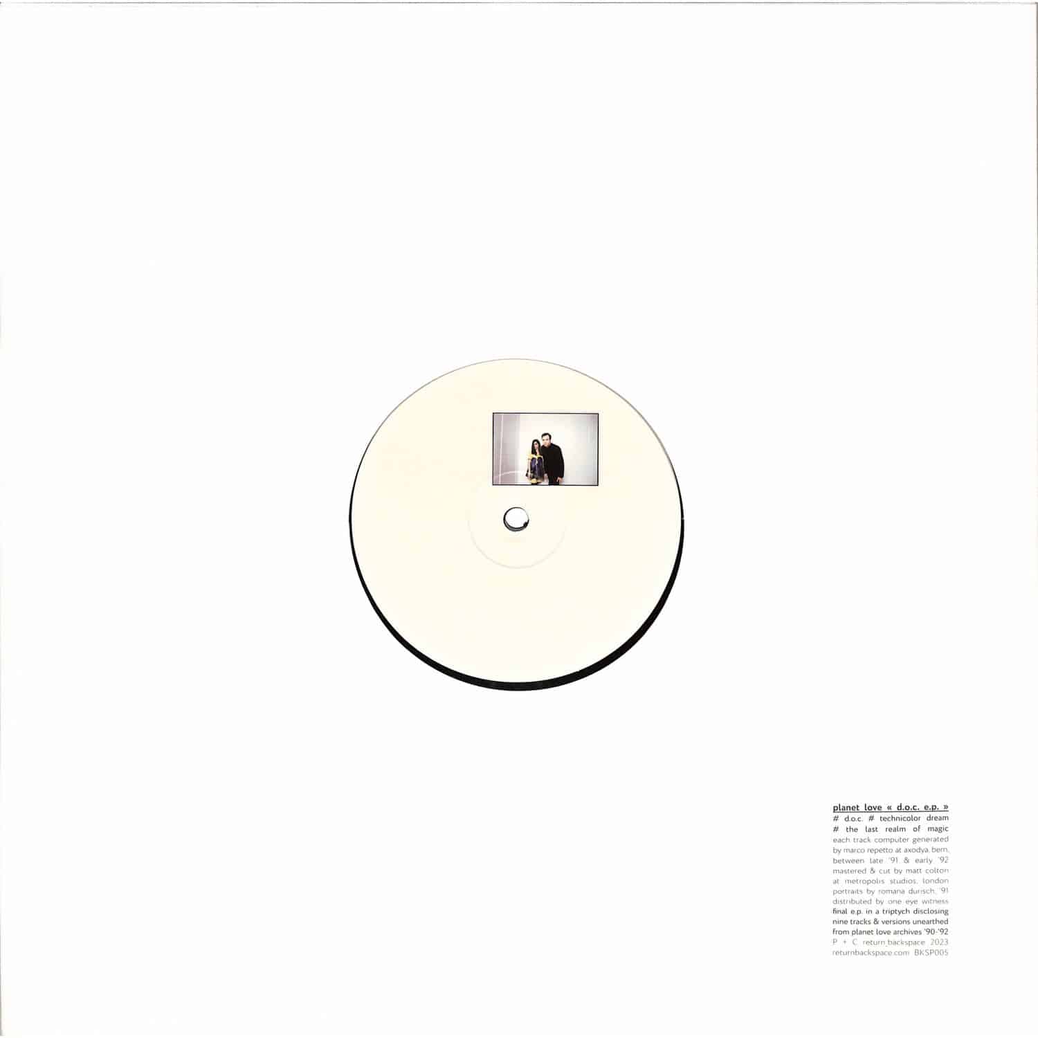 Back cover of Planet Love D.O.C. vinyl record featuring artwork and track listing on a black background.