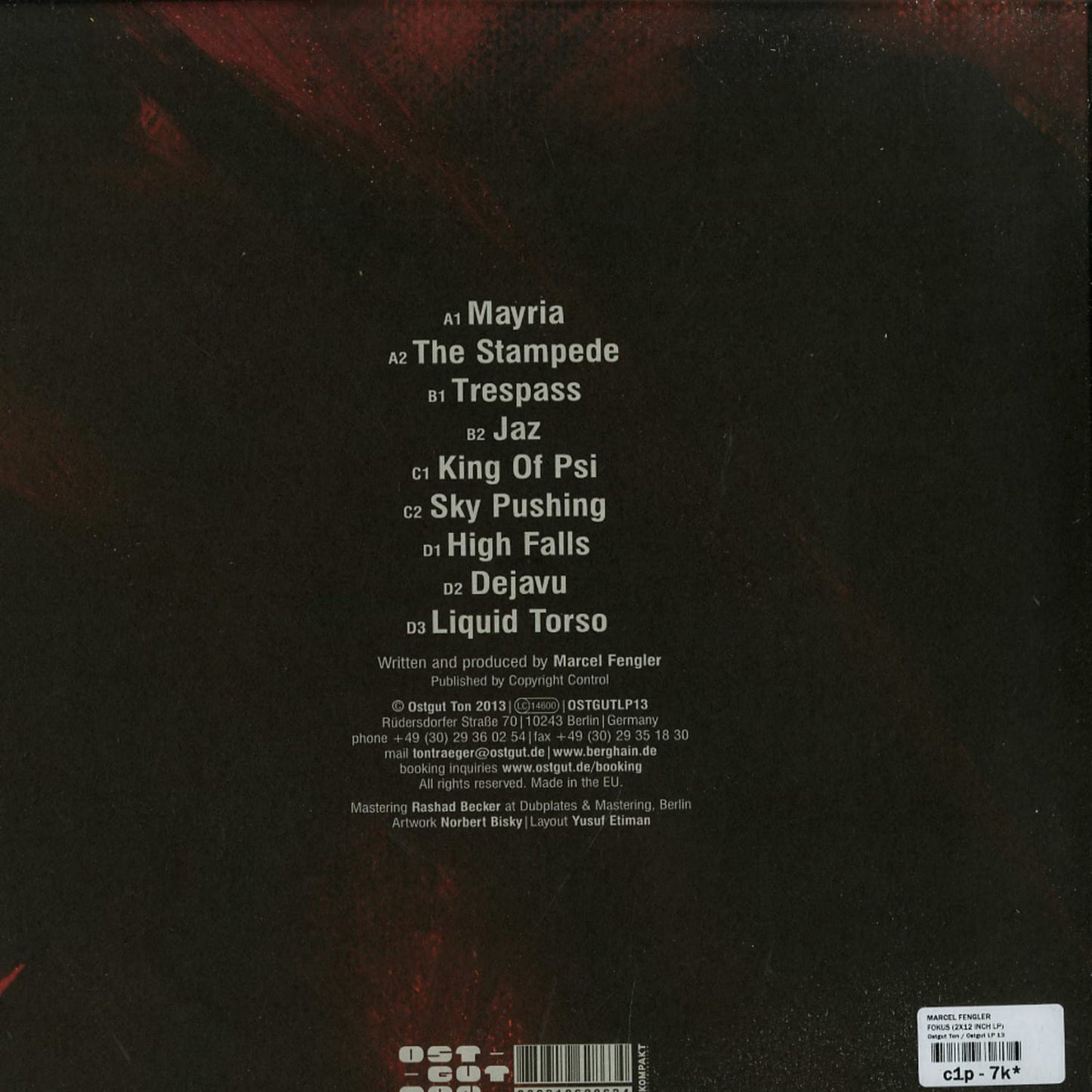 Second Hand Marcel Fengler Fokus vinyl record with black label and white text, showing back side with artwork details.