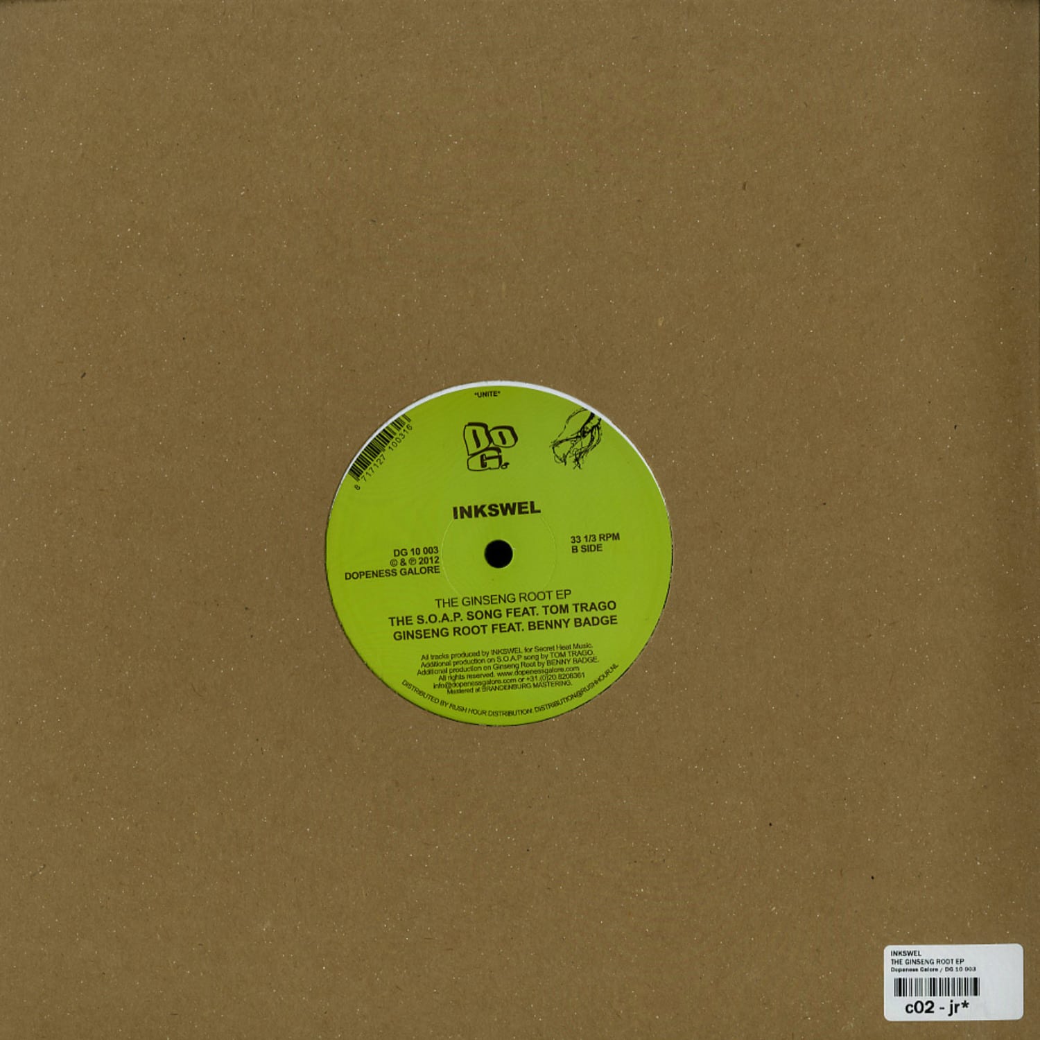 Back cover of INKSWEL, TOM TRAGO, BENNY BADGE vinyl record titled The Ginseng Root EP, showing artwork and track info.