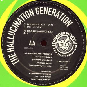 Back cover of Second Hand's vinyl record "The Hallucination Generation – Magic Flux" featuring abstract artwork and track details.