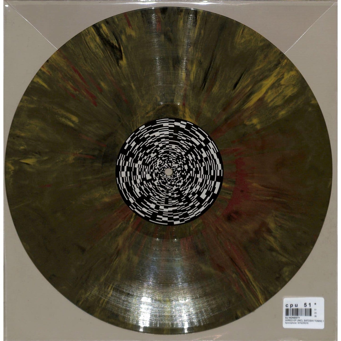 Back view of Syncrophone vinyl record "DJ Honesty, Satoshi Tomiie Wired EP" showing the black vinyl with label details.