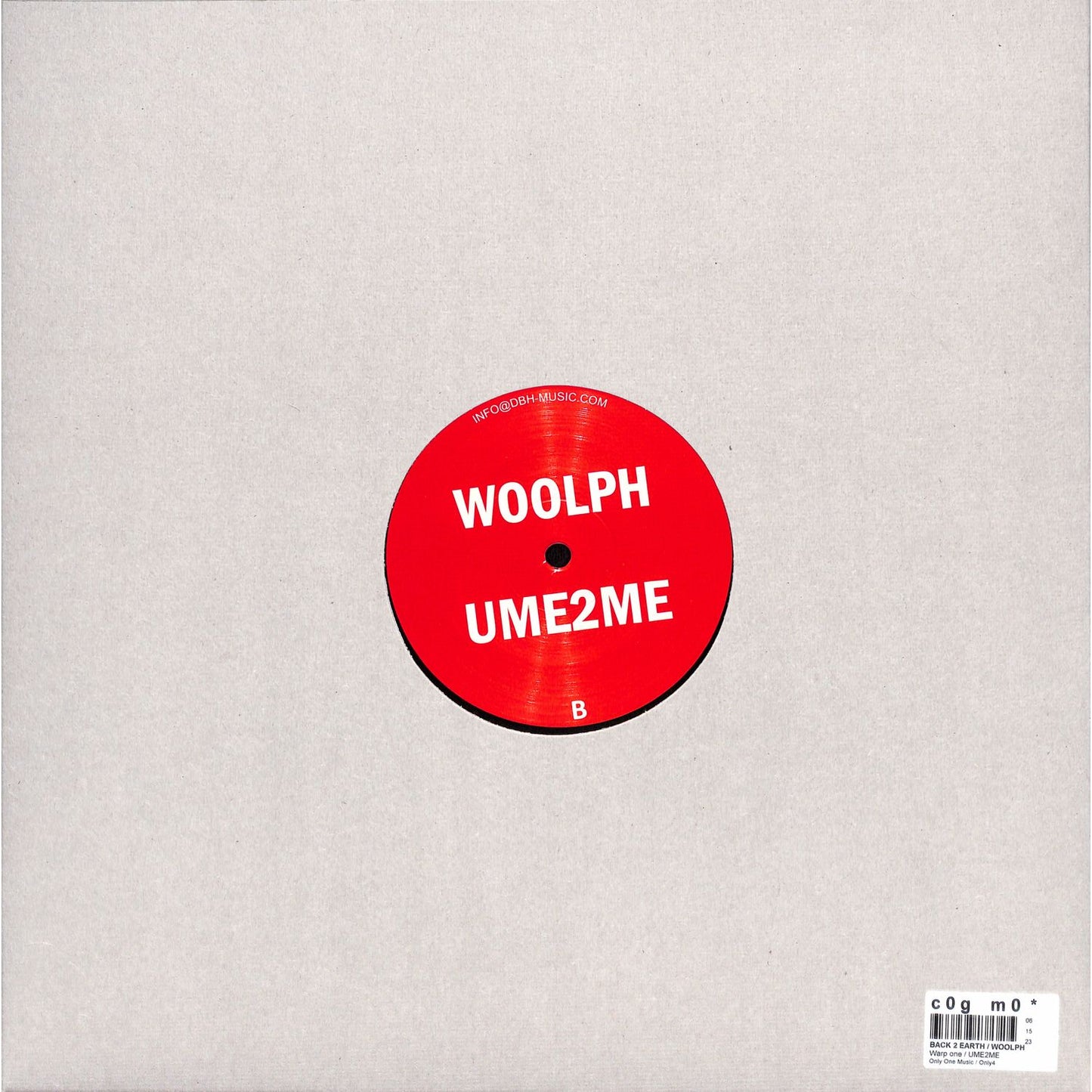 Close-up of Back 2 Earth / Woolph vinyl record titled Warp One by DBH, featuring colorful abstract artwork on the cover.