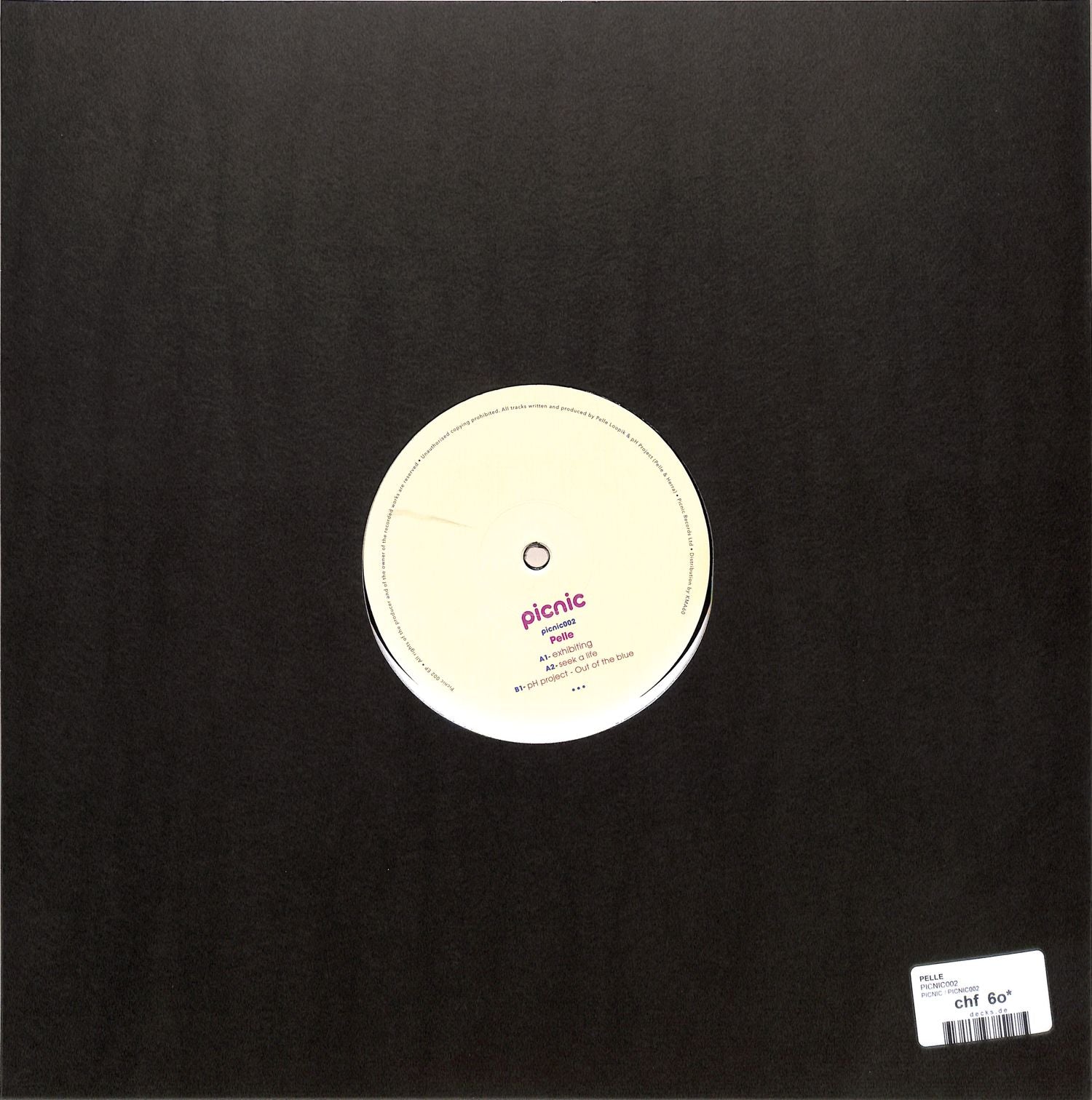 Second Hand PELLE vinyl record Picnic002 with back cover art, featuring black vinyl and vintage design details.