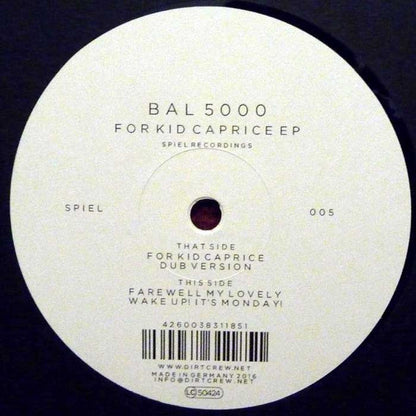 Decks BAL 5000 vinyl record for Kid Caprice EP, showing the back cover with track details and artwork.