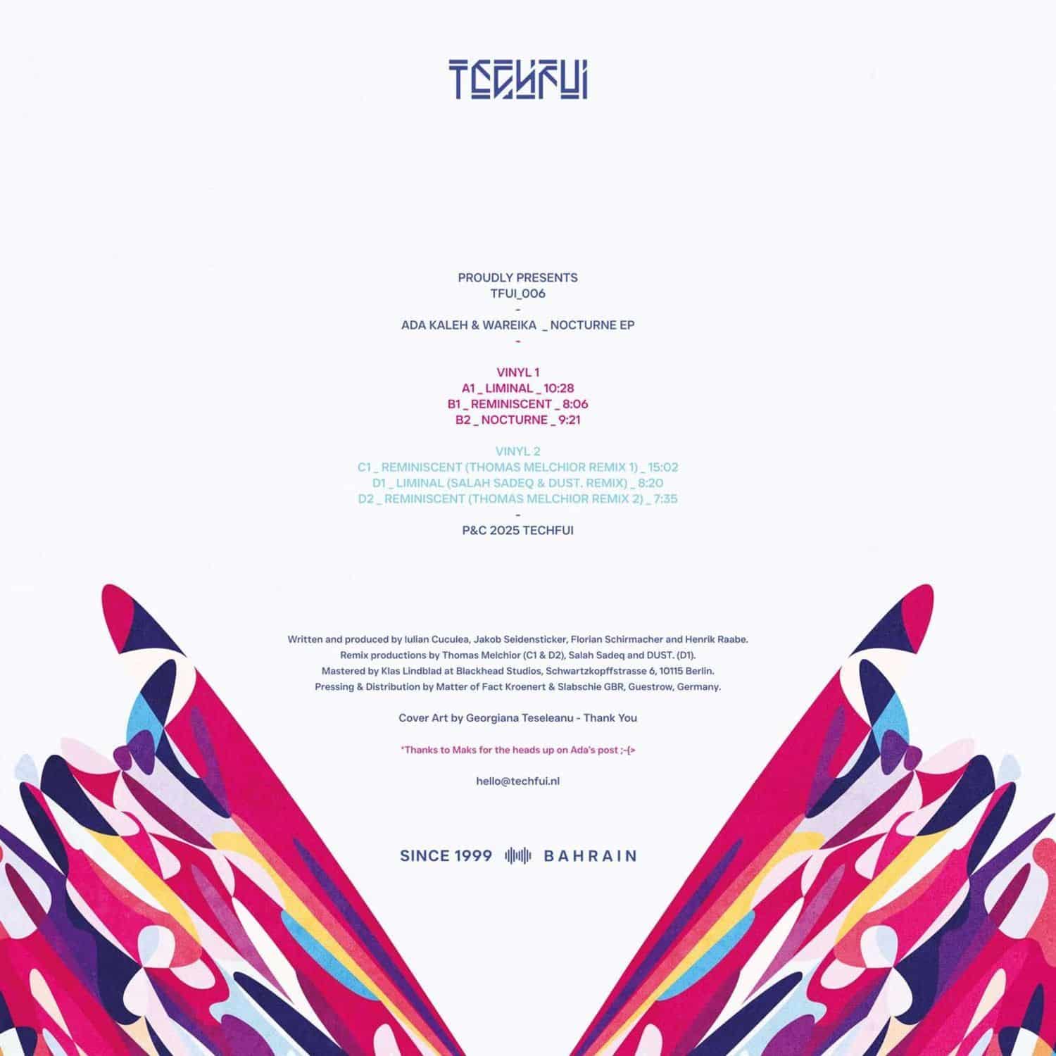 Decks vinyl record of ADA KALEH, WAREIKA, THOMAS MELCHIOR, SALAH SADEQ & DUST Nocturne EP, showing the back cover design.
