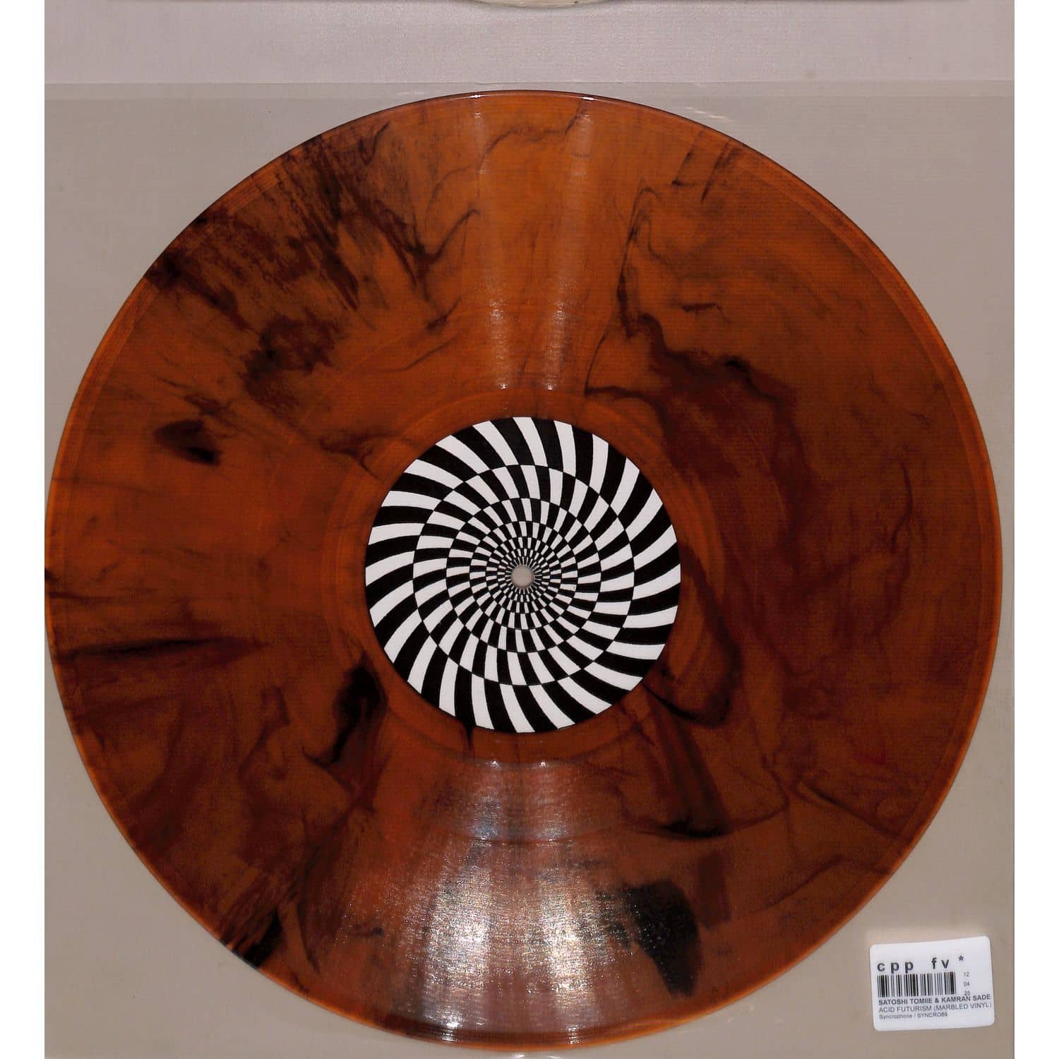Back cover of Satoshi Tomiie & Kamran Sadeghi Acid Futurism vinyl record by Syncrophone, showing album artwork and track details.