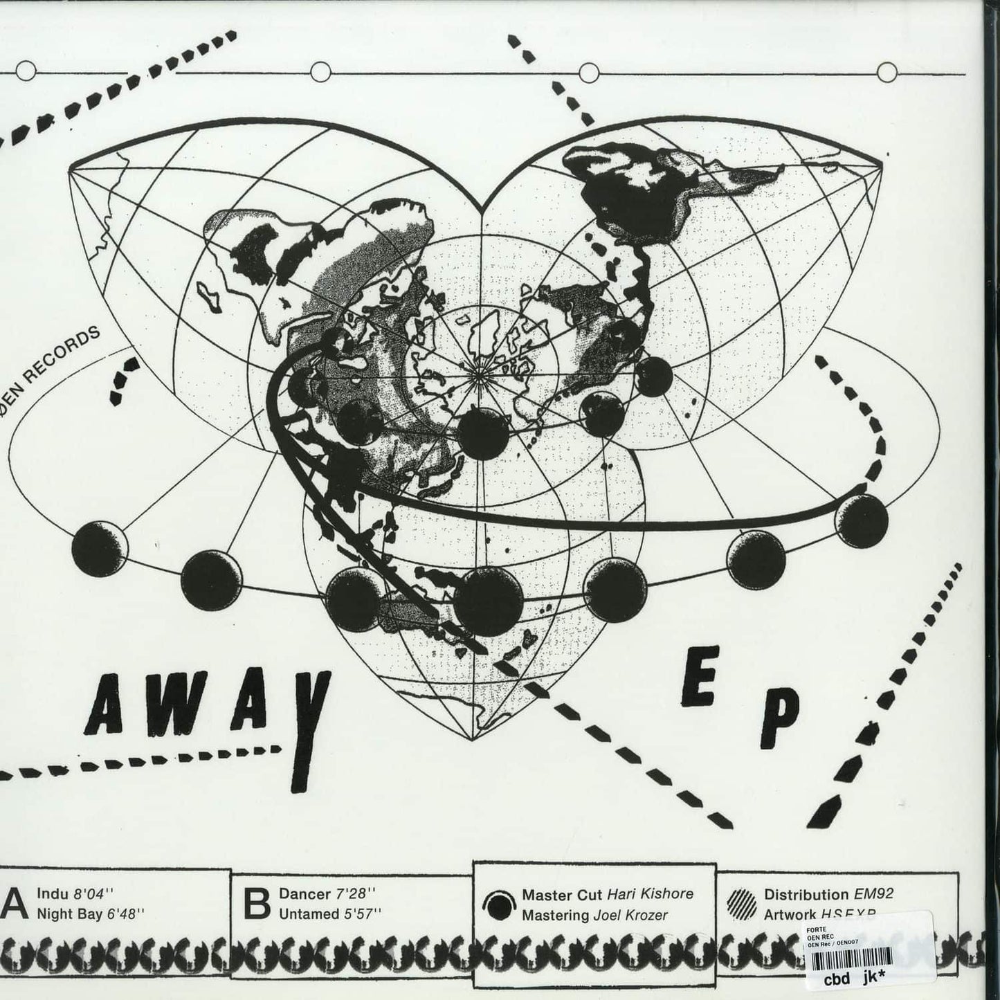 Decks FORTE – AWAY EP vinyl record with black label and colorful artwork on the back side.