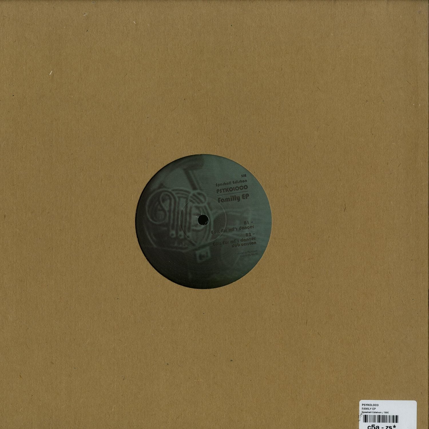 Syncrophone vinyl record "FAMILLY EP" by PSYKOLOCO, rear view showing the black vinyl with label at the center.