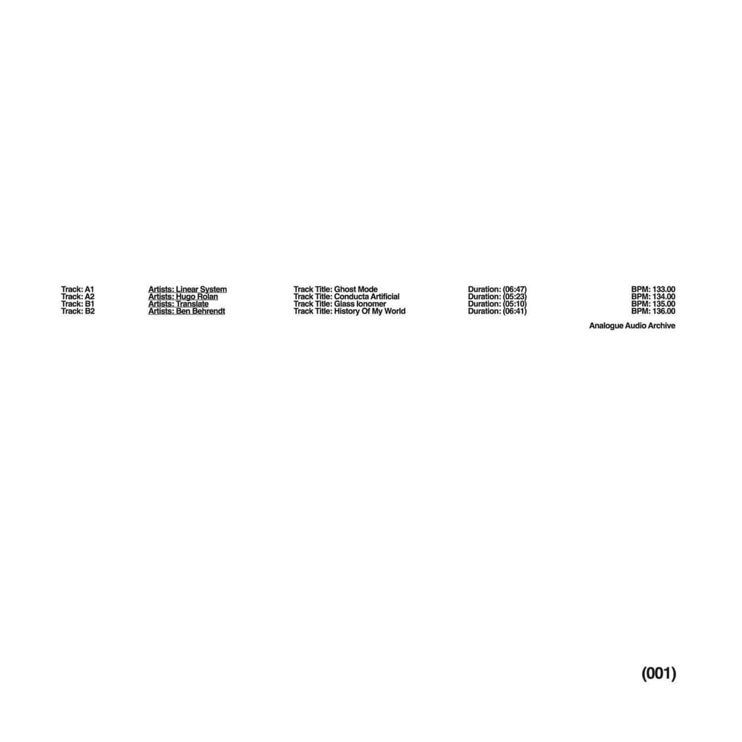 LINEAR SYSTEM, HUGO ROLAN, TRANSLATE, BEN BEHRENDT – ANALOGUE AUDIO ARCHIVE 001