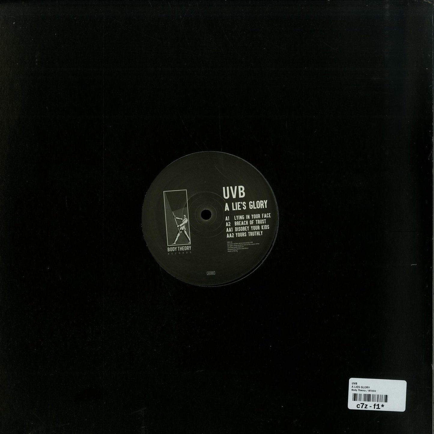 Back cover of UVB – A LIE'S GLORY vinyl record by Second Hand, with artwork and track listing visible.