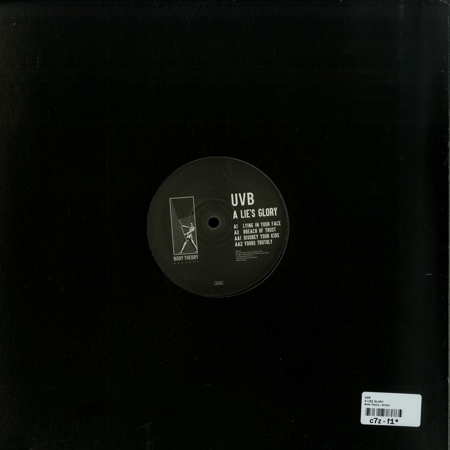 Back cover of UVB – A LIE'S GLORY vinyl record by Second Hand, with artwork and track listing visible.