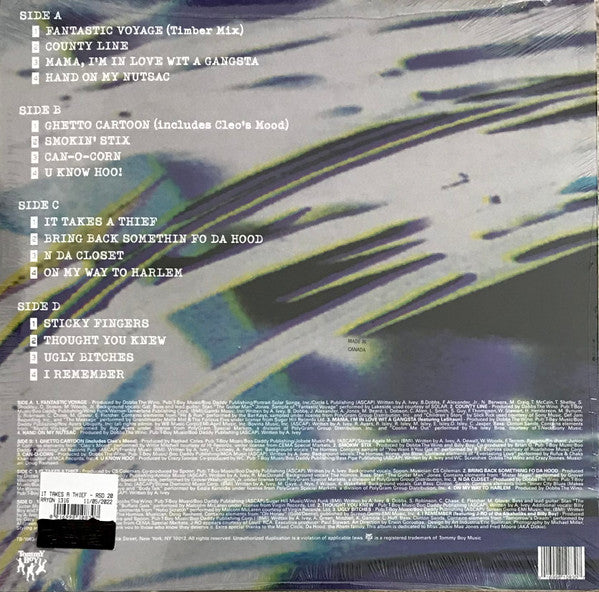 Back cover of the Second Hand vinyl record "It Takes a Thief" by Coolio, featuring artwork and track listing.